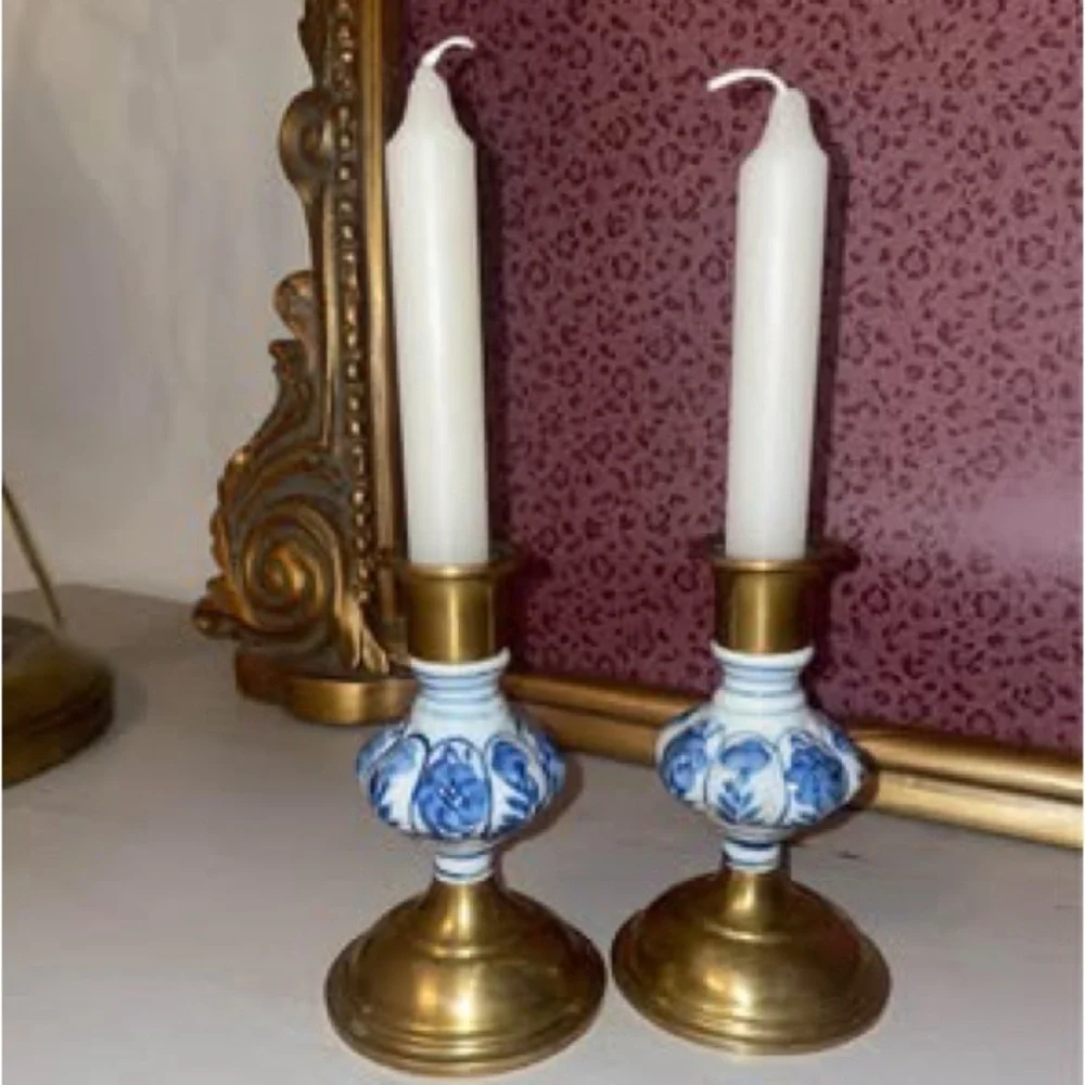 Solid Brass Delft Floral Blue White Porcelain2/  Taper 5” Candlestick Holders